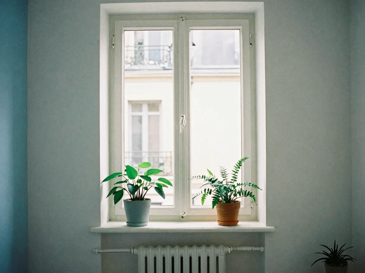Interior of a bright Île-de-France apartment with a window slight