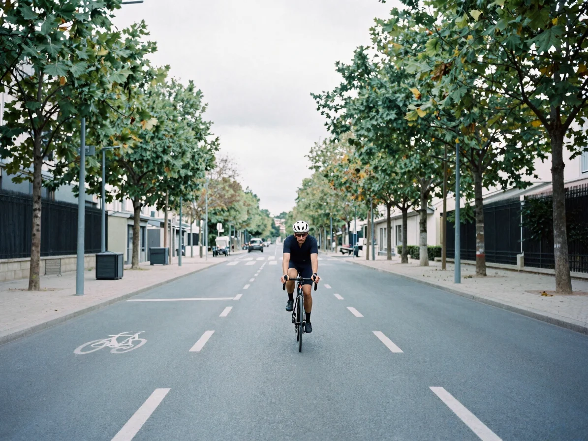 Cyclist on a calm urban boulevard in Île-de-France under overcast