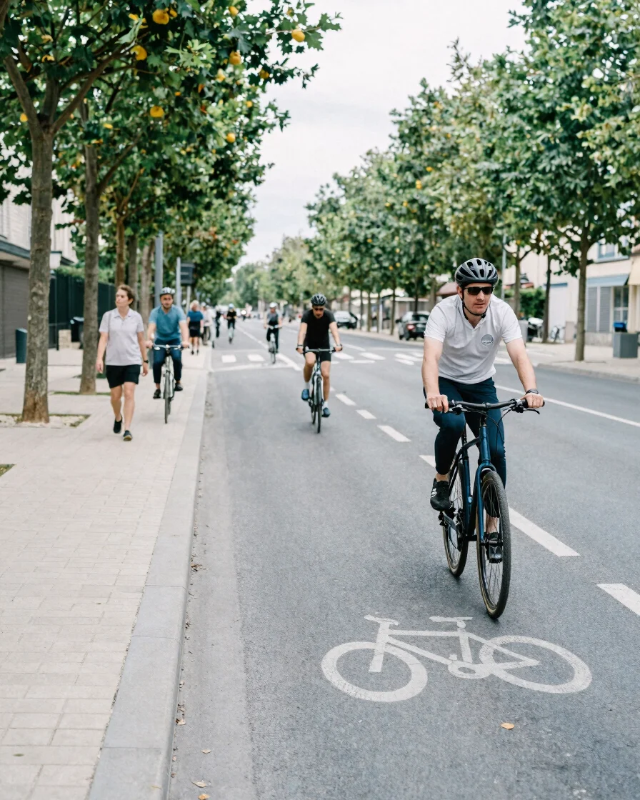 Documentary photograph of an everyday Île-de-France street with a separated cycle lane beside a tree-lined avenue, soft