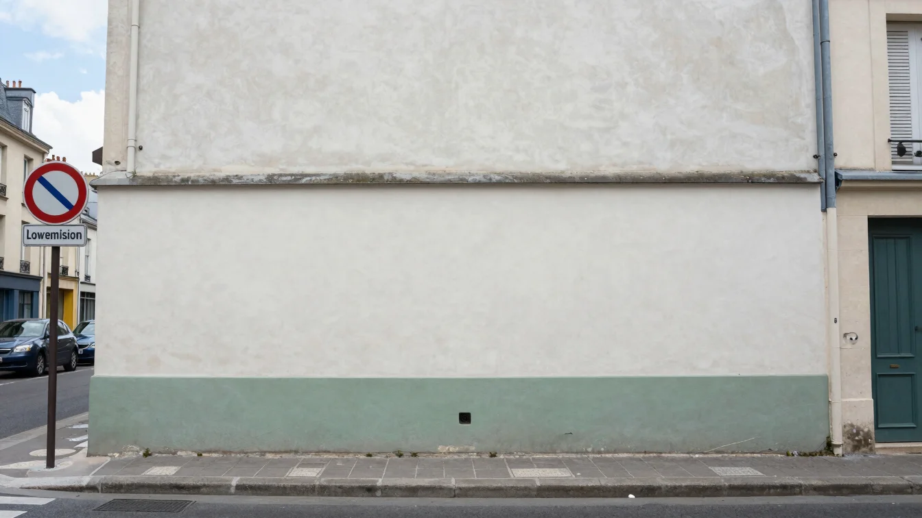 Documentary street view in a Paris-region town with a low-emission zone sign partly visible, soft natural daylight, uncl