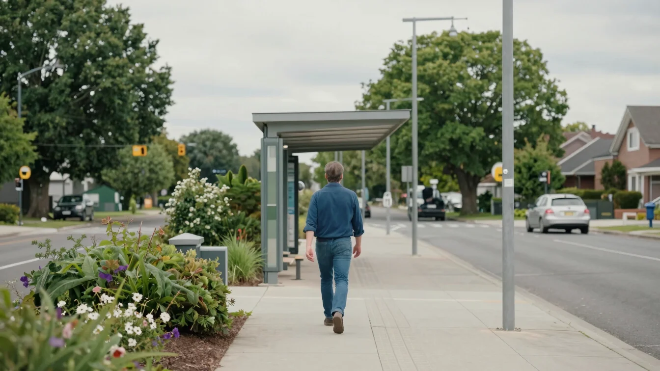 Commuter walking from a suburban train station toward a bus stop beneath greenery, overcast daylight, documentary editor