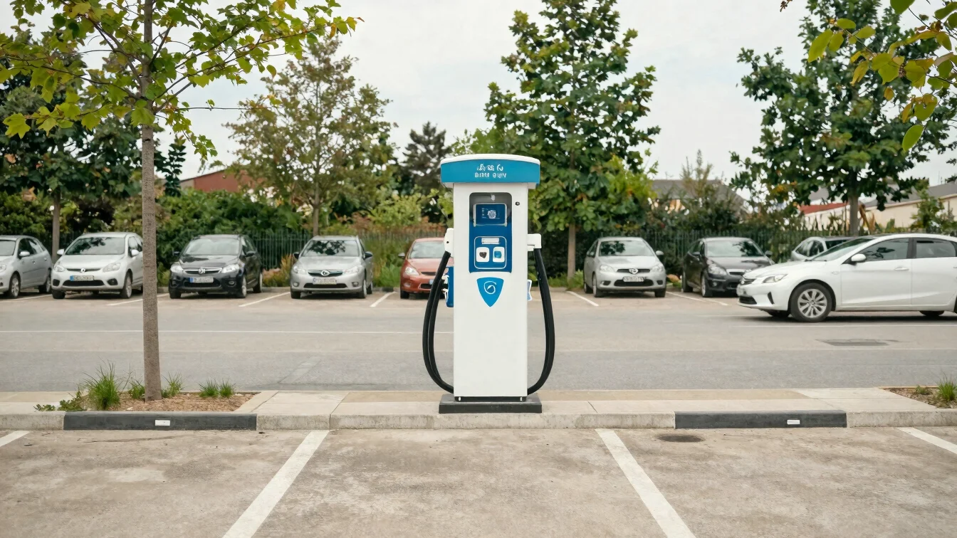 Charging points in a quiet Île-de-France car park beside young trees, soft daylight, calm documentary environmental mood