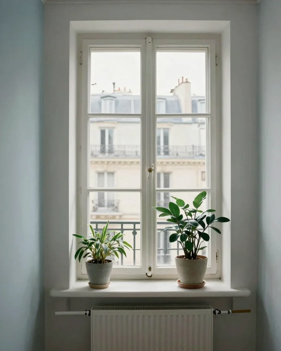 Documentary interior of a bright Parisian apartment, a window slightly open to soft overcast daylight, sage green plants