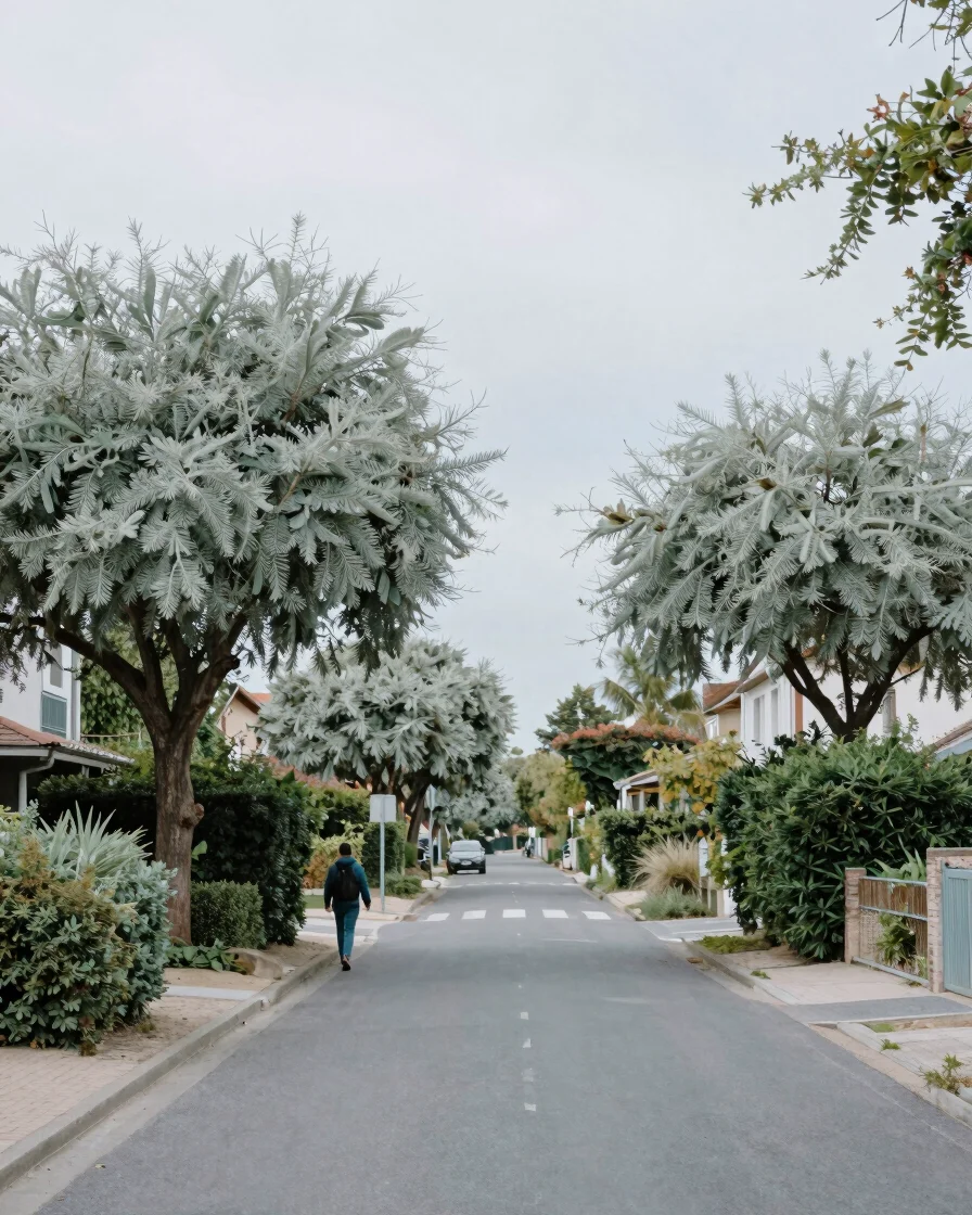 Soft overcast daylight over a quiet tree-lined street in a suburb